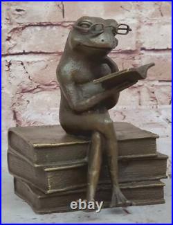 Green Patina Hand Made Cute Frog With Glasses Reading Bronze Statue Figurine Green Patina Hand Made Cute Frog With Glasses Reading Bronze Statue Figurine