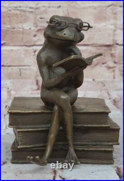 Green Patina Hand Made Cute Frog With Glasses Reading Bronze Statue Figurine Green Patina Hand Made Cute Frog With Glasses Reading Bronze Statue Figurine