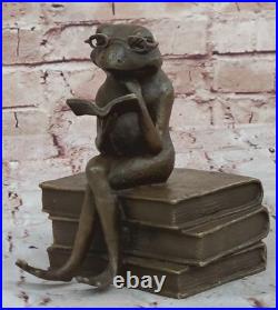 Green Patina Hand Made Cute Frog With Glasses Reading Bronze Statue Figurine Green Patina Hand Made Cute Frog With Glasses Reading Bronze Statue Figurine
