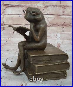 Green Patina Hand Made Cute Frog With Glasses Reading Bronze Statue Figurine Green Patina Hand Made Cute Frog With Glasses Reading Bronze Statue Figurine