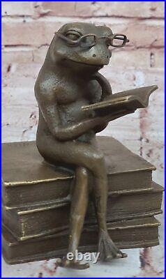 Green Patina Hand Made Cute Frog With Glasses Reading Bronze Statue Figurine Green Patina Hand Made Cute Frog With Glasses Reading Bronze Statue Figurine
