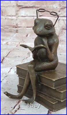 Green Patina Hand Made Cute Frog With Glasses Reading Bronze Statue Figurine Green Patina Hand Made Cute Frog With Glasses Reading Bronze Statue Figurine