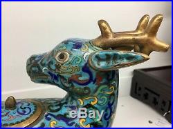 Hand Made Antique Cloisonne Bronze Copper Fengshui Deer with Rose Wood Stand