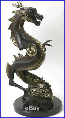 Hand Made Asian carved 100% Pure Bronze Brown Patina Dragon Beast statue