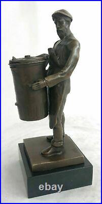 Hand Made Detailed Art Deco Old Man with a Trash Can Bronze Sculpture Statue