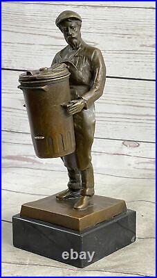 Hand Made Detailed Art Deco Old Man with a Trash Can Bronze Sculpture Statue