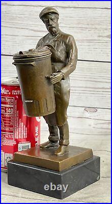 Hand Made Detailed Art Deco Old Man with a Trash Can Bronze Sculpture Statue