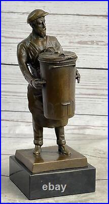 Hand Made Detailed Art Deco Old Man with a Trash Can Bronze Sculpture Statue