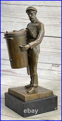 Hand Made Detailed Art Deco Old Man with a Trash Can Bronze Sculpture Statue