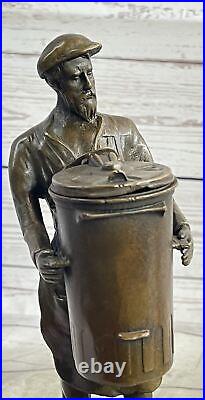 Hand Made Detailed Art Deco Old Man with a Trash Can Bronze Sculpture Statue