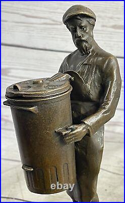 Hand Made Detailed Art Deco Old Man with a Trash Can Bronze Sculpture Statue