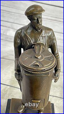 Hand Made Detailed Art Deco Old Man with a Trash Can Bronze Sculpture Statue