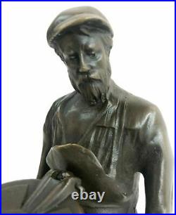 Hand Made Detailed Art Deco Old Man with a Trash Can Bronze Sculpture Statue NR