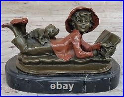 Hand Made Detailed young Girl Children Bronze Sculpture Reading Book Figure Sale