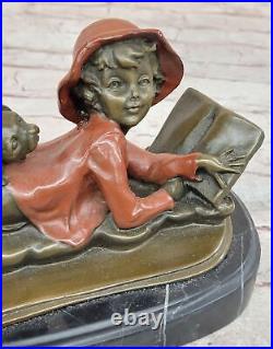 Hand Made Detailed young Girl Children Bronze Sculpture Reading Book Figure Sale