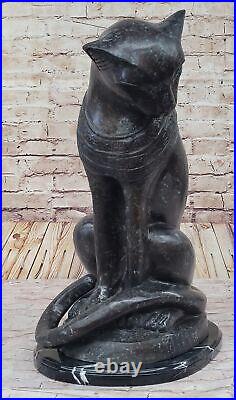 Hand Made Egyptian Cat Bronze Sculpture Marble Base Statue Large Decor Artwork