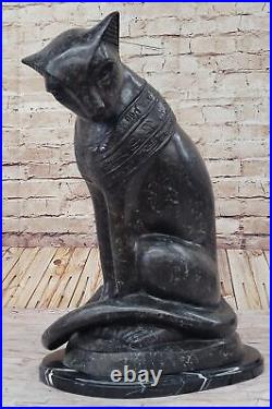 Hand Made Egyptian Cat Bronze Sculpture Marble Base Statue Large Decor Artwork