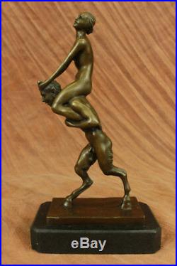 Hand Made Female Nude Satyr Mystic God Art Bronze Marble Statue Bergman Figurine