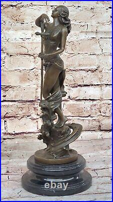 Hand Made Female Warrior with Sword Bronze Sculpture Marble Base Figurine Gift