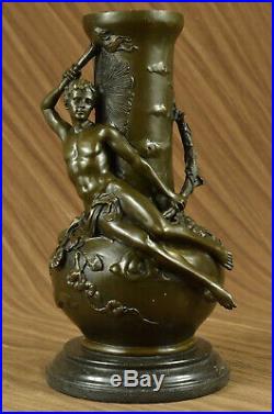 Hand Made Nude Male Vase Holding a Torch Bronze Sculpture Marble Base statue