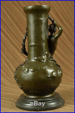 Hand Made Nude Male Vase Holding a Torch Bronze Sculpture Marble Base statue