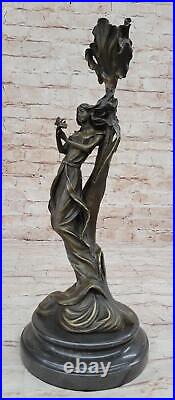 Hand Made Wood Nymph Bronze Candleholder Sculpture Hot Cast Marble Base Figure