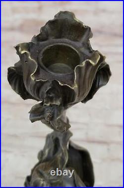 Hand Made Wood Nymph Bronze Candleholder Sculpture Hot Cast Marble Base Figure
