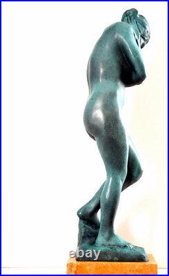Handmade Bronze Sculpture Nude Eva Signed A. Rodin on Marble Plate