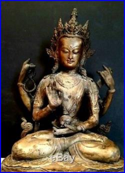 Huge Old Bronze Tibetan Seated Buddhist Hindu Statue Made In India 17 Tall