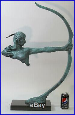 LARGE INDIAN BRONZE BUST Sculptor M. Nick Figure HAND MADE STATUE GREEN PATINA