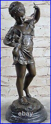 Laporte Bronze Statue Girl with Cat Hand Made Sculpture Marble Base Figurine