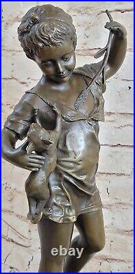 Laporte Bronze Statue Girl with Cat Hand Made Sculpture Marble Base Figurine
