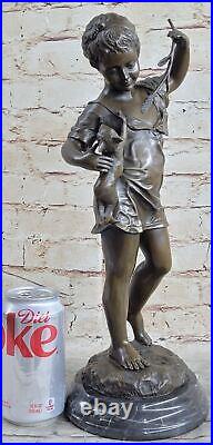 Laporte Bronze Statue Girl with Cat Hand Made Sculpture Marble Base Figurine Art