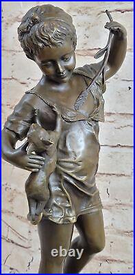 Laporte Bronze Statue Girl with Cat Hand Made Sculpture Marble Base Figurine Art