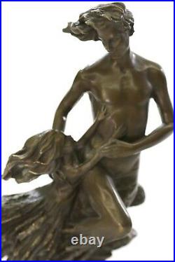 Large European Bronze Sculpture, Young Dad/ Daughter Nude Man Garden Statue