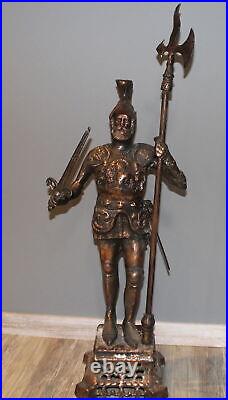 Large hand made bronze plated metal statue knight with halberd & sword signed