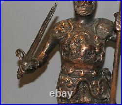 Large hand made bronze plated metal statue knight with halberd & sword signed