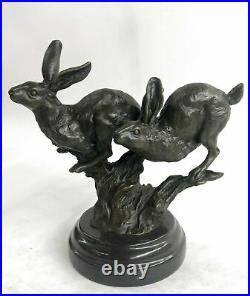 Medium Hares Playing Solid Bronze Foundry Cast Sculpture Hand Made Trophy Statue