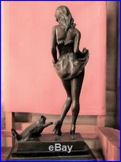 Modern girl and cat Bronze statue France made Rare product made of resin