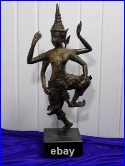 Old Temple Dancers Ththailand Bronze Statue Asiatika Sculpture Marble Base 20th Century