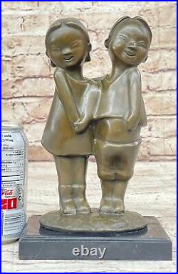 Oriental Children Smiling Siblings Bronze Statue by B. C Zhang Hand Made Figurine