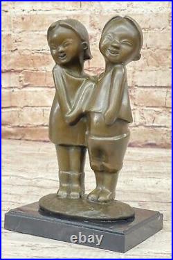 Oriental Children Smiling Siblings Bronze Statue by B. C Zhang Hand Made Figurine