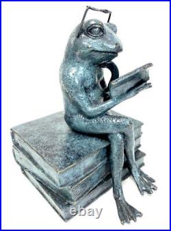 Playful Bronze Figure Sitting Bronze Frog with Book 2kg