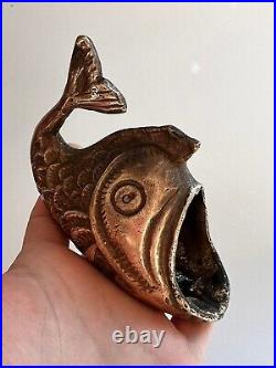 Rare Antique Primitive Hand Made Bronze Brass Ashtray Figure Statue Fish