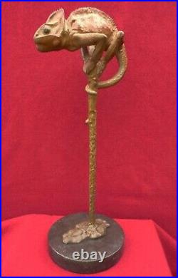 Rare Bronze Statue Hot Cast Hand Made Chameleon On Branch Cold Painted Reptile