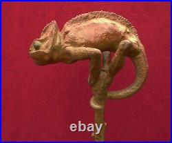 Rare Bronze Statue Hot Cast Hand Made Chameleon On Branch Cold Painted Reptile
