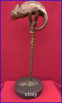 Rare Hot Cast Hand Made Bronze Chameleon On Branch Light Patina Reptile