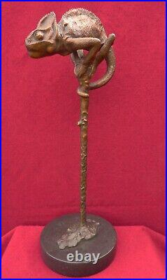 Rare Hot Cast Hand Made Bronze Chameleon On Branch Light Patina Reptile