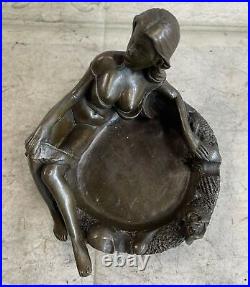 Real 100% Bronze Signed Hand Made Ashtray Sculpture Nude Girl Female Figure Art