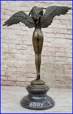 Signed A Bronze Statue Winged Women's Skin Colors Angel Descending Night